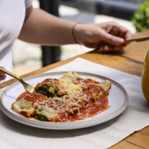 Canelos de verdura con salsa fileto